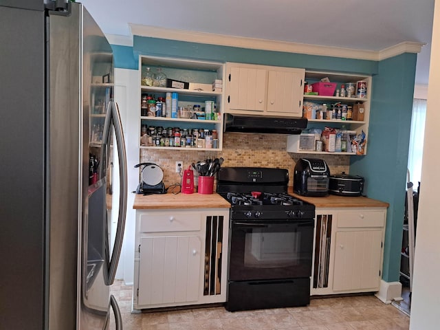 kitchen with stainless steel fridge with ice dispenser, black range with gas stovetop, open shelves, under cabinet range hood, and light countertops