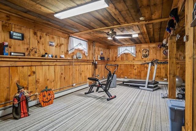 workout room featuring wood walls, ceiling fan, and wooden ceiling