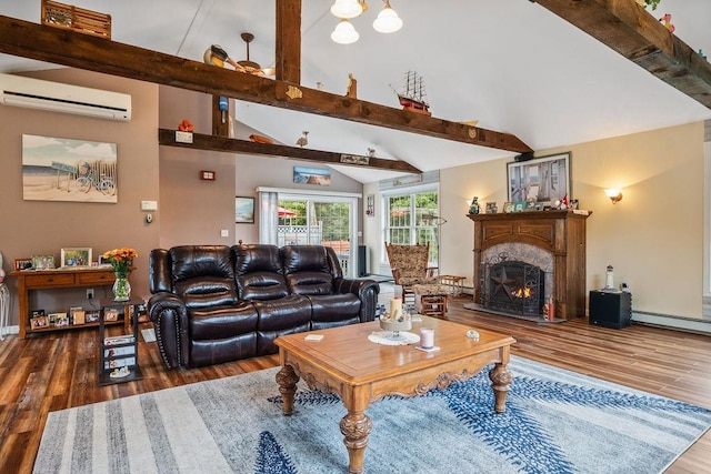 living room featuring wood-type flooring, beam ceiling, a wall mounted air conditioner, and high vaulted ceiling