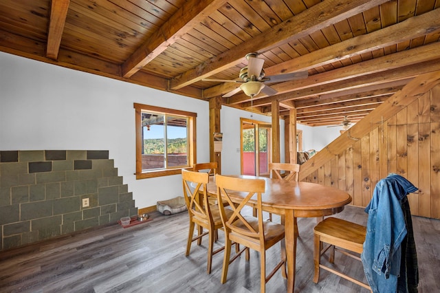 dining space featuring ceiling fan, beamed ceiling, wooden ceiling, and hardwood / wood-style floors