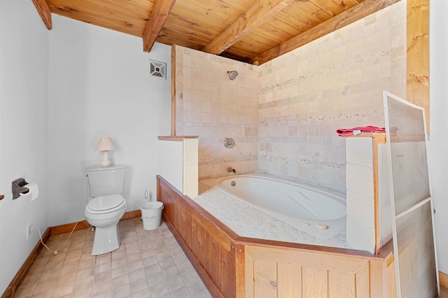 bathroom featuring tile patterned flooring, beam ceiling, separate shower and tub, wooden ceiling, and toilet