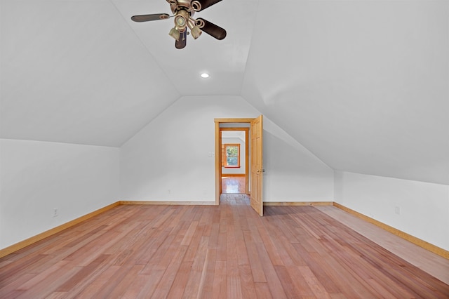 bonus room featuring ceiling fan, lofted ceiling, and light hardwood / wood-style floors