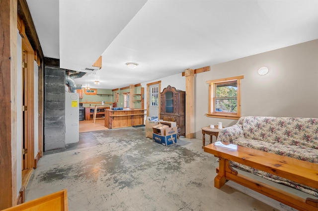 living room with concrete floors