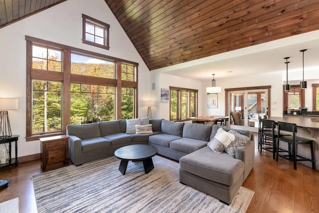 16 Crooked Mountain Rd, Lincoln, NH 03251 - living area featuring high vaulted ceiling, wood finished floors, wooden ceiling, and french doors