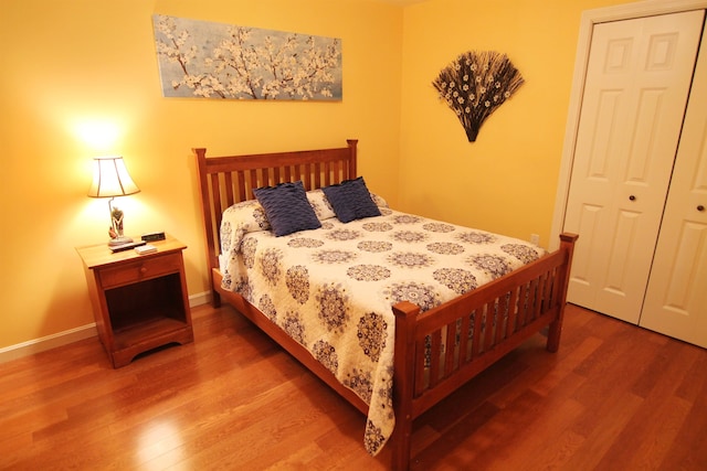 bedroom with wood-type flooring and a closet