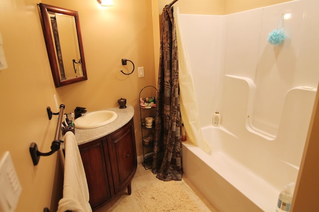 bathroom with shower / bathtub combination with curtain, tile patterned floors, and vanity