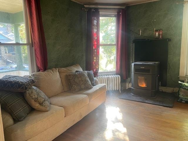 living room with radiator heating unit, a wood stove, and hardwood / wood-style flooring