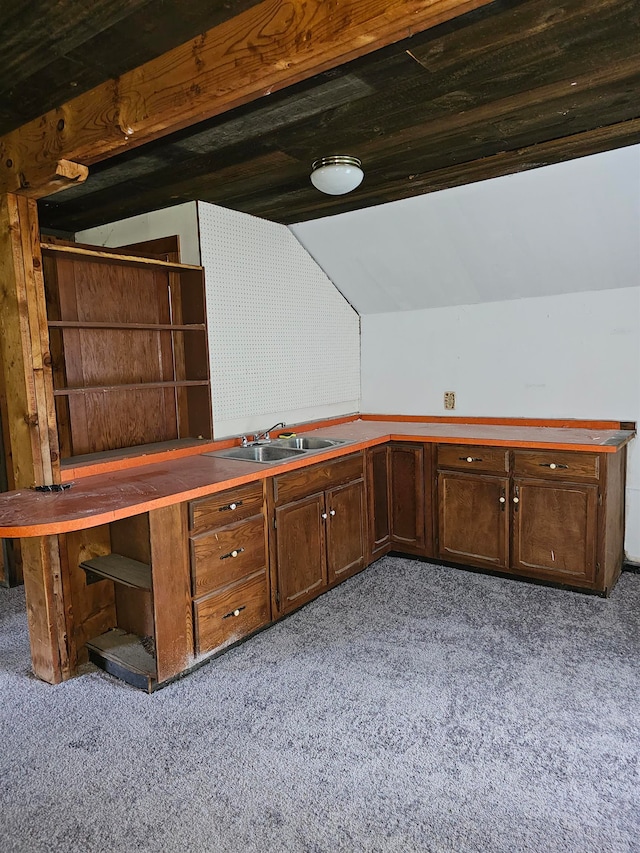 misc room with vaulted ceiling, light colored carpet, and sink