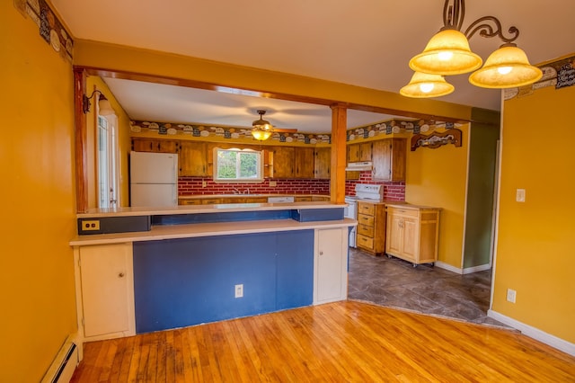 kitchen with white appliances, a baseboard heating unit, a ceiling fan, and dark wood-style flooring