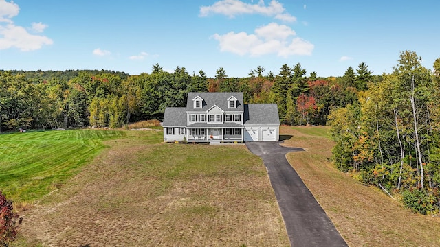 cape cod house with a garage, a porch, and a front lawn