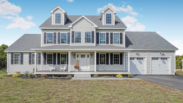 view of front of house featuring a front lawn, covered porch, and a garage