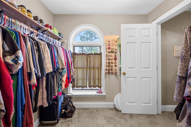 spacious closet featuring light carpet