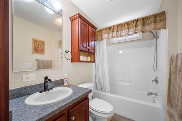 full bathroom featuring vanity, shower / tub combo, and toilet