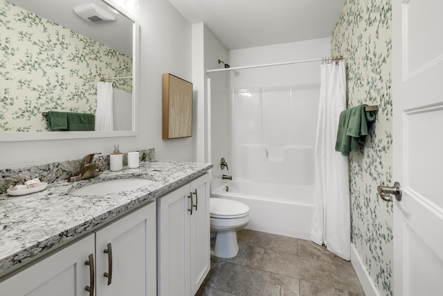 full bathroom featuring vanity, toilet, and shower / bathtub combination with curtain