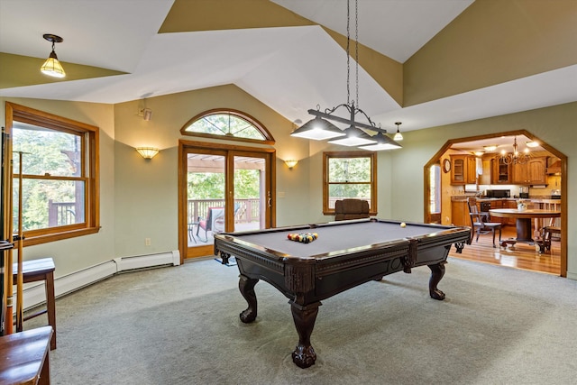 playroom featuring light colored carpet, high vaulted ceiling, and a wealth of natural light