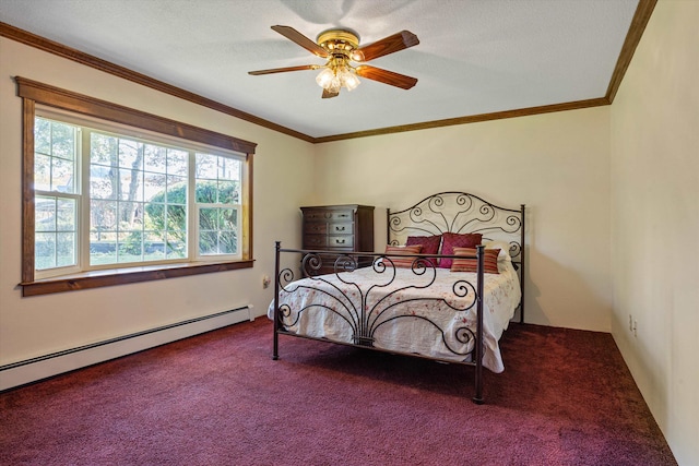 carpeted bedroom featuring a baseboard radiator, ceiling fan, ornamental molding, and a textured ceiling