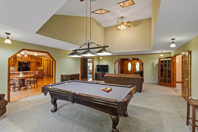 game room featuring light hardwood / wood-style floors, ceiling fan, and billiards