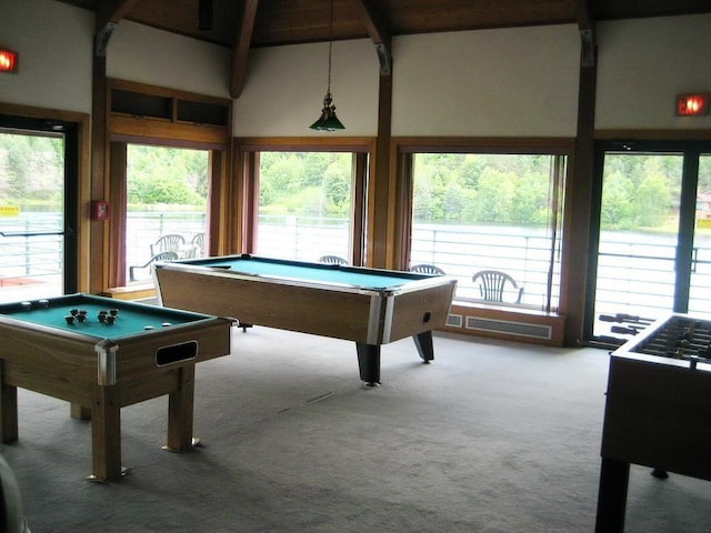 recreation room featuring beamed ceiling, carpet floors, high vaulted ceiling, and pool table