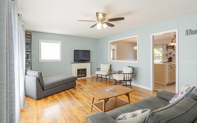 living room with ceiling fan, light wood-type flooring, and a wealth of natural light