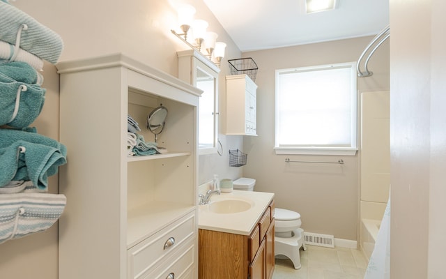 full bathroom with shower / washtub combination, vanity, toilet, and tile patterned floors