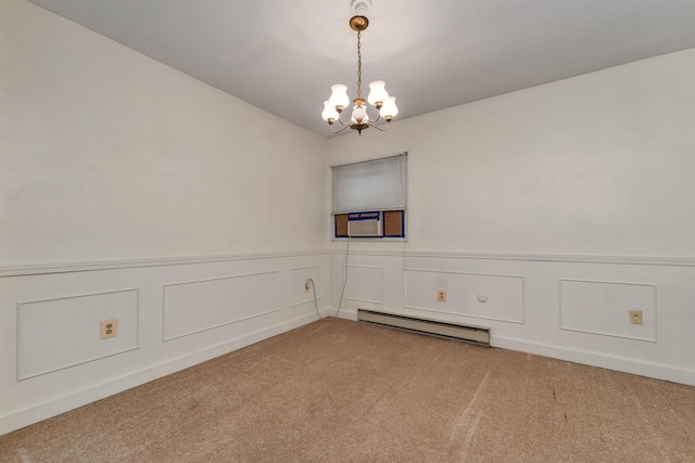 carpeted spare room with an inviting chandelier and baseboard heating