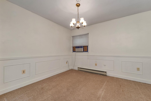 unfurnished room featuring a baseboard radiator, an inviting chandelier, a wainscoted wall, and carpet floors