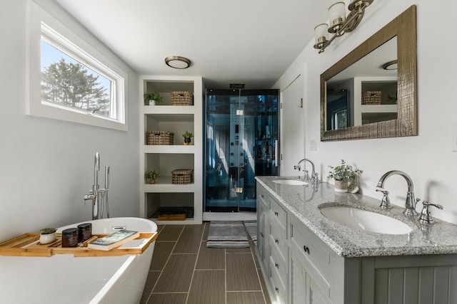 bathroom featuring vanity and plus walk in shower