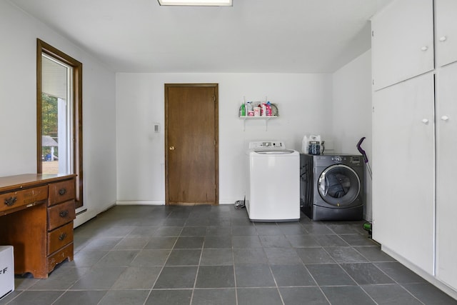 laundry area featuring dark tile patterned flooring and washer and clothes dryer