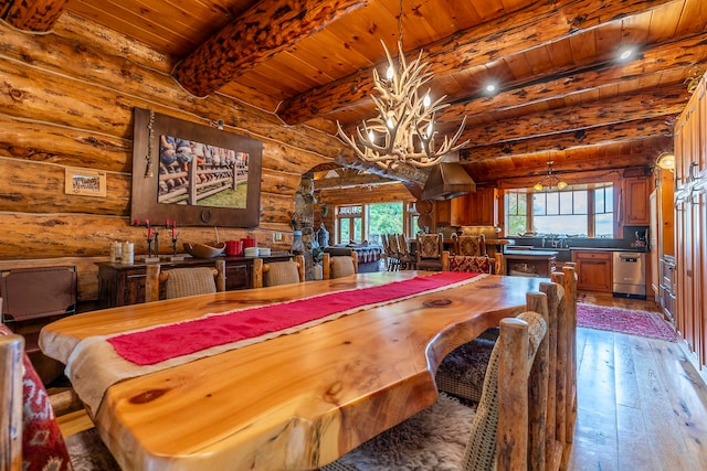 dining room with beam ceiling, wood-type flooring, a chandelier, log walls, and wooden ceiling