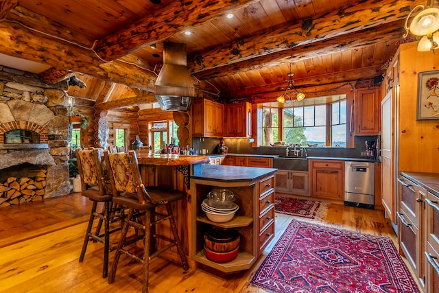 kitchen featuring kitchen peninsula, light wood-type flooring, wooden ceiling, beam ceiling, and stainless steel dishwasher