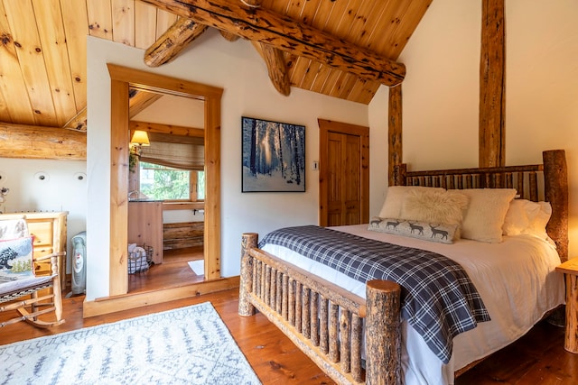 bedroom featuring wood ceiling, lofted ceiling with beams, and hardwood / wood-style flooring