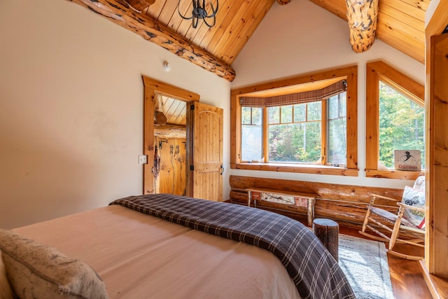 bedroom with wood-type flooring, vaulted ceiling with beams, and wood ceiling