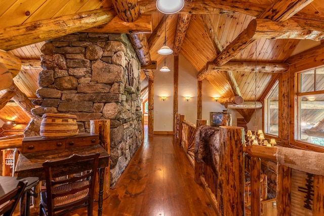 interior space featuring pendant lighting, lofted ceiling with beams, wooden ceiling, and hardwood / wood-style floors