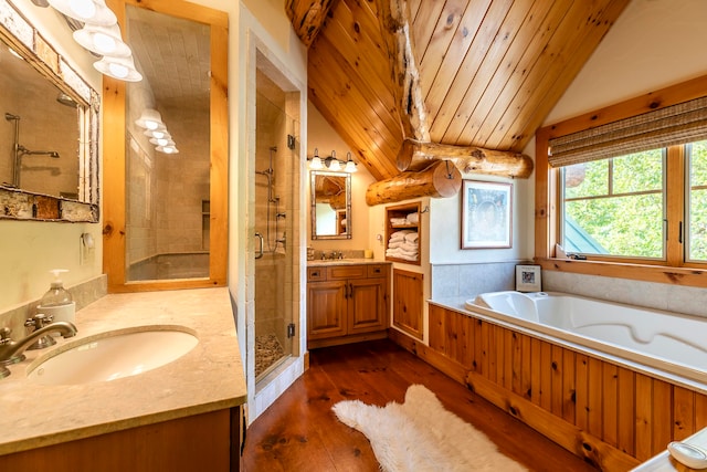 bathroom with wood ceiling, vanity, lofted ceiling, plus walk in shower, and hardwood / wood-style flooring