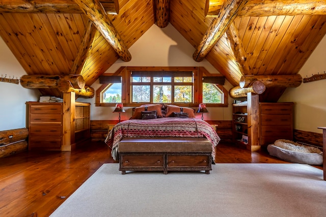 bedroom featuring wooden ceiling, vaulted ceiling with beams, and dark hardwood / wood-style flooring