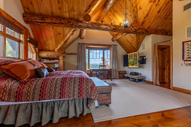 bedroom with wood ceiling, wood-type flooring, and vaulted ceiling with beams