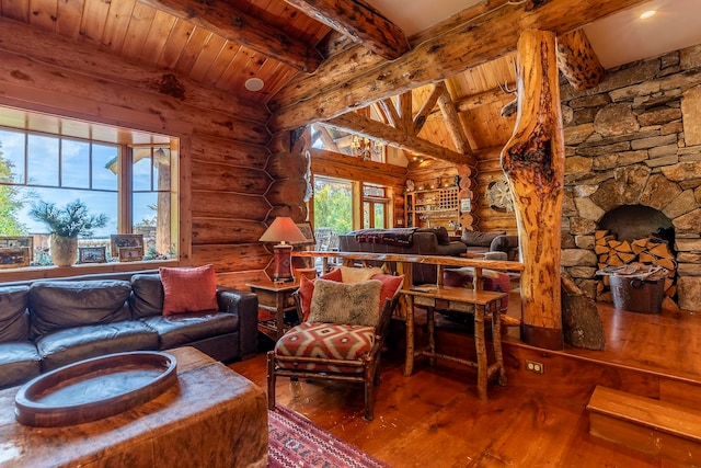 living room featuring vaulted ceiling with beams, wood ceiling, hardwood / wood-style floors, and log walls