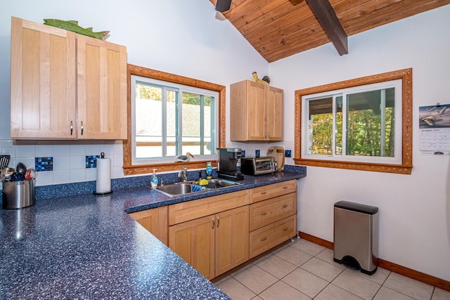 kitchen featuring vaulted ceiling with beams, light brown cabinets, sink, and wooden ceiling