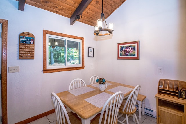 dining space featuring baseboard heating, light tile patterned floors, wooden ceiling, vaulted ceiling with beams, and a chandelier