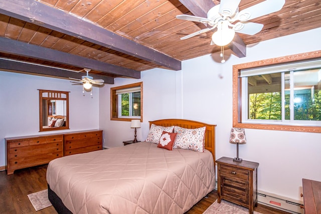 bedroom with baseboard heating, ceiling fan, and dark wood-type flooring