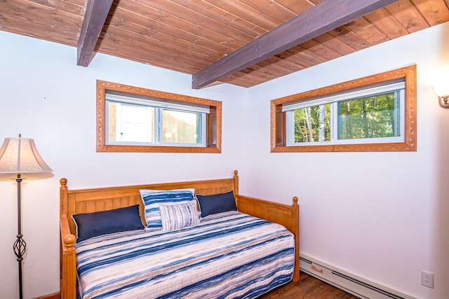 bedroom featuring beamed ceiling, baseboard heating, dark wood-type flooring, and wood ceiling