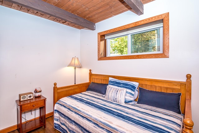 bedroom featuring dark wood-type flooring, beam ceiling, and wood ceiling