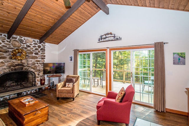 living room featuring wood ceiling, beam ceiling, wood-type flooring, a stone fireplace, and high vaulted ceiling