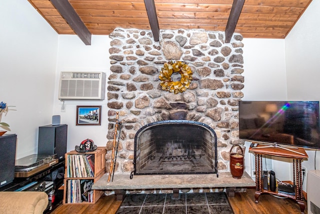 living room with wooden ceiling, a wall mounted AC, beamed ceiling, and hardwood / wood-style flooring