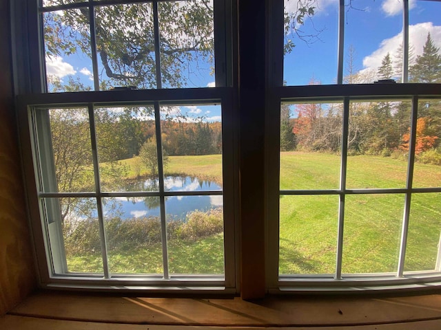 interior details with a water view