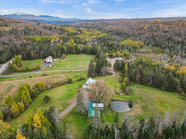 drone / aerial view with a mountain view and a wooded view