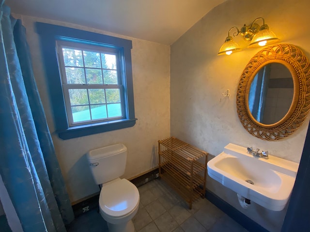 bathroom featuring toilet, a shower with curtain, a sink, and lofted ceiling