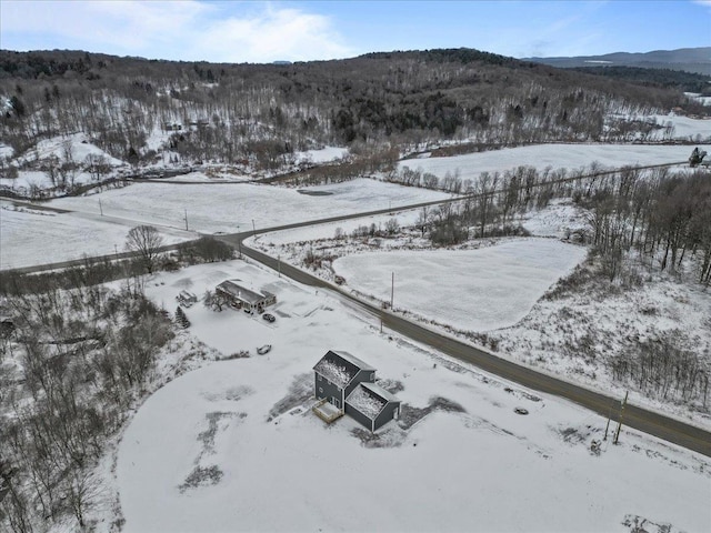 snowy aerial view with a mountain view