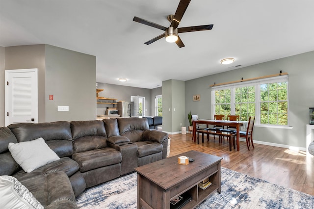 living room featuring ceiling fan and hardwood / wood-style flooring