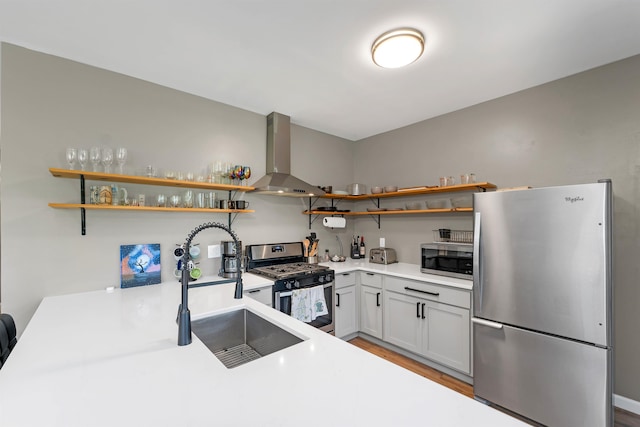 kitchen with stainless steel appliances, light hardwood / wood-style floors, sink, and extractor fan